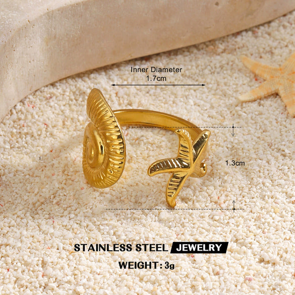 Women's Adjustable Open Stainless Steel Ring With 18K Gold Finish Hollow Starfish And Shell Design Minimalist Style