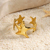 Women's Adjustable Open Stainless Steel Ring With 18K Gold Finish Hollow Starfish And Shell Design Minimalist Style