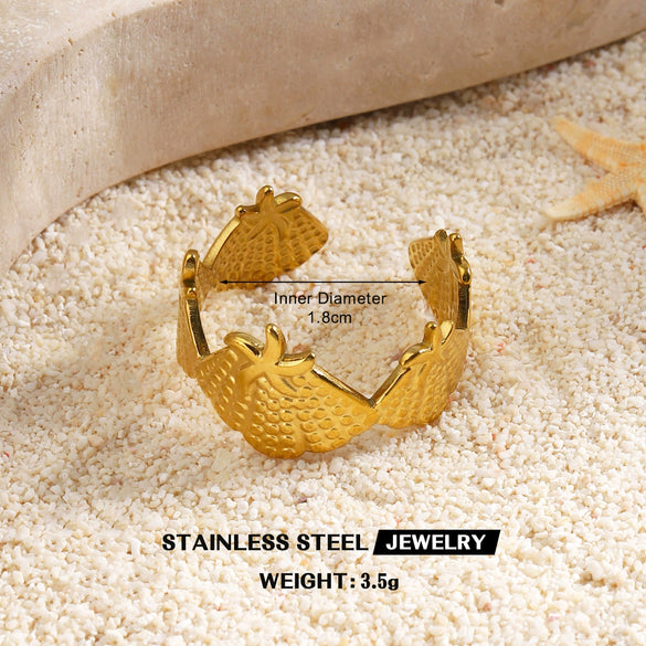 Women's Adjustable Open Stainless Steel Ring With 18K Gold Finish Hollow Starfish And Shell Design Minimalist Style