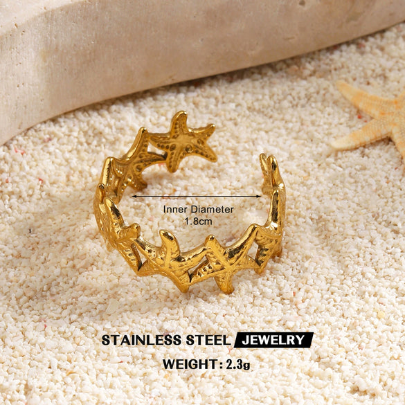 Women's Adjustable Open Stainless Steel Ring With 18K Gold Finish Hollow Starfish And Shell Design Minimalist Style