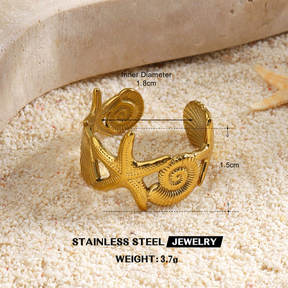 Women's Adjustable Open Stainless Steel Ring With 18K Gold Finish Hollow Starfish And Shell Design Minimalist Style