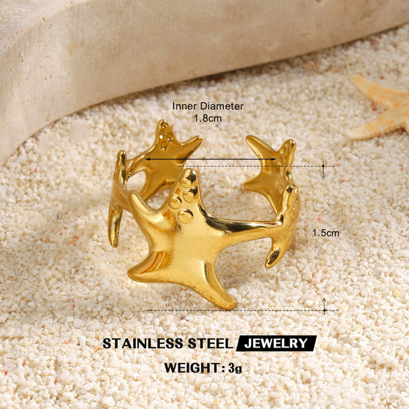 Women's Adjustable Open Stainless Steel Ring With 18K Gold Finish Hollow Starfish And Shell Design Minimalist Style