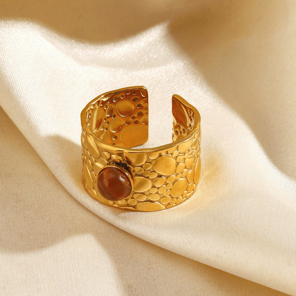 Women's Adjustable Open Stainless Steel Ring With Natural Stone Line Design And Electroplated Geometric Style