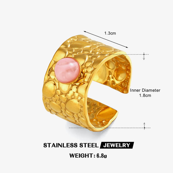 Women's Adjustable Open Stainless Steel Ring With Natural Stone Line Design And Electroplated Geometric Style