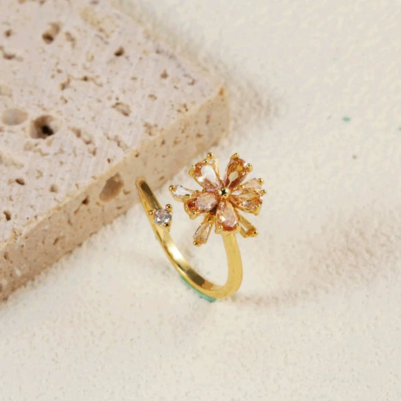 Women's Adjustable Opening Rotating Ring Copper Flower Design Electroplated Light Luxury Accessories