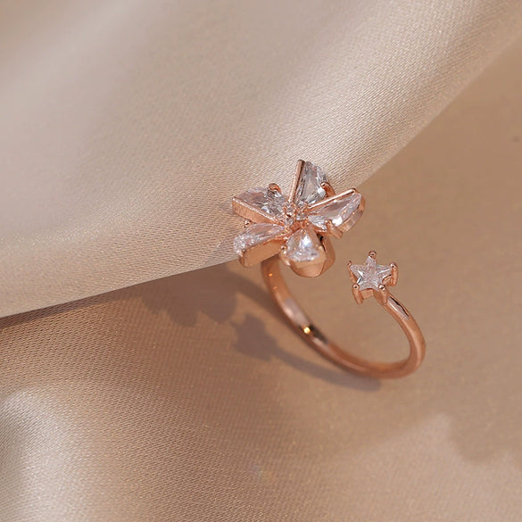Women's Adjustable Opening Rotating Ring Copper Flower Design Electroplated Light Luxury Accessories