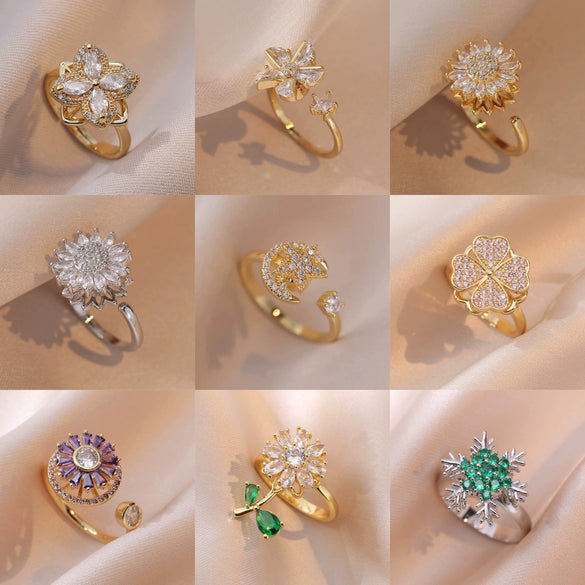 Women's Adjustable Opening Rotating Ring Copper Flower Design Electroplated Light Luxury Accessories