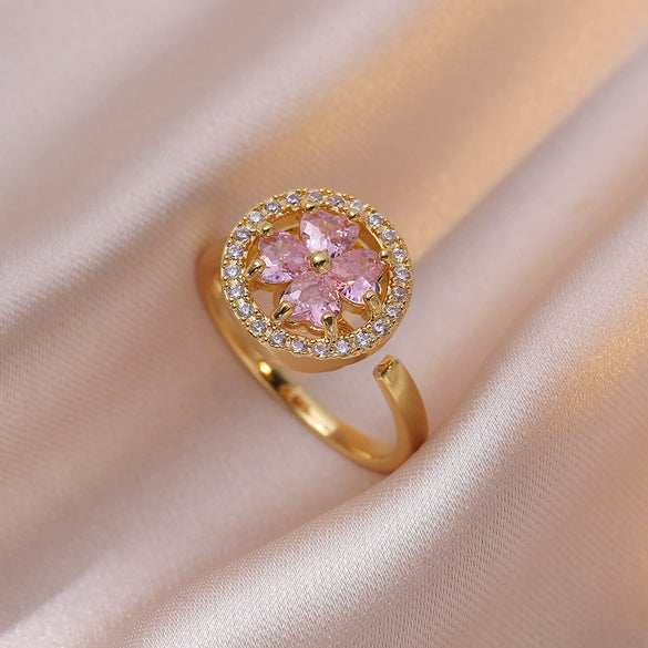 Women's Adjustable Opening Rotating Ring Copper Flower Design Electroplated Light Luxury Accessories