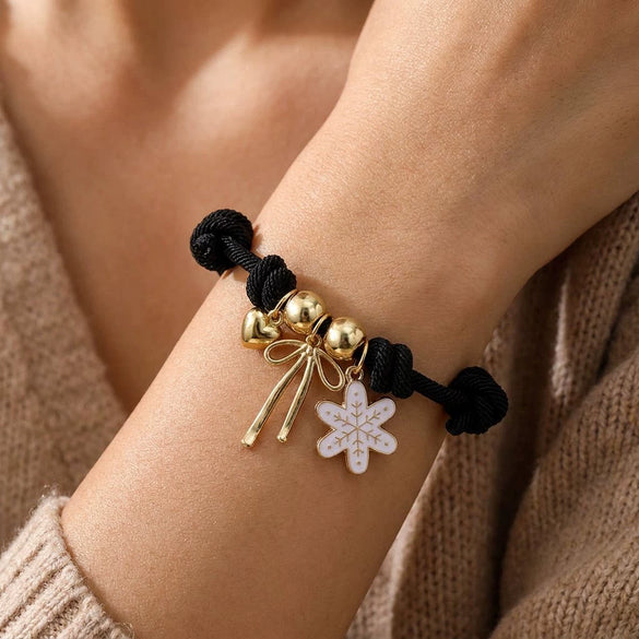 Women's Adjustable Red Rope Handwoven Bracelet With Alloy Star And Christmas Tree Charms Simple Christmas Style