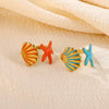 Women's Adjustable Stainless Steel Open Ring With Enamel Starfish And Seashell Details