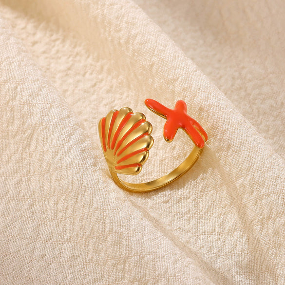 Women's Adjustable Stainless Steel Open Ring With Enamel Starfish And Seashell Details