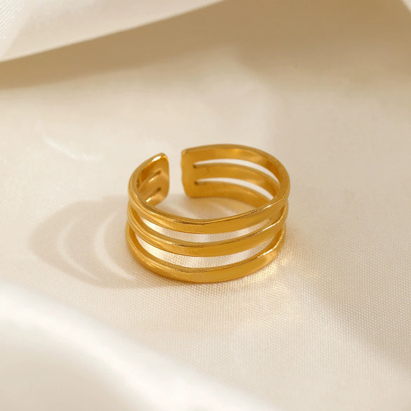 Women's Adjustable Threelayer Line Geometric Stainless Steel Finger Ring With Electroplating