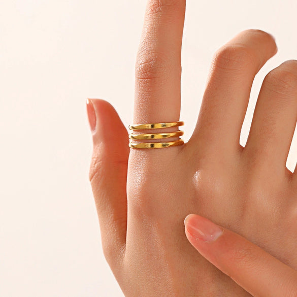 Women's Adjustable Threelayer Line Geometric Stainless Steel Finger Ring With Electroplating