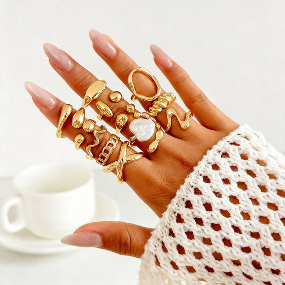 Women's Adjustable Zinc Alloy Ring Set With Geometric Irregular Lavainspired Design Imitation Pearl Detail And Polished Finish