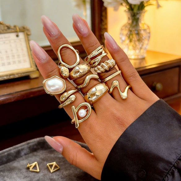Women's Adjustable Zinc Alloy Ring Set With Geometric Irregular Lavainspired Design Imitation Pearl Detail And Polished Finish