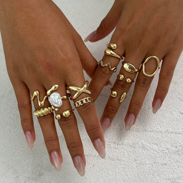 Women's Adjustable Zinc Alloy Ring Set With Geometric Irregular Lavainspired Design Imitation Pearl Detail And Polished Finish
