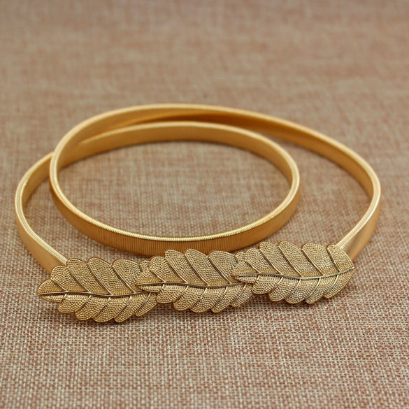 Women's All Match Metal Elastic Waist Belt With Alloy Leaf Buckle Electroplated Dress Accessory