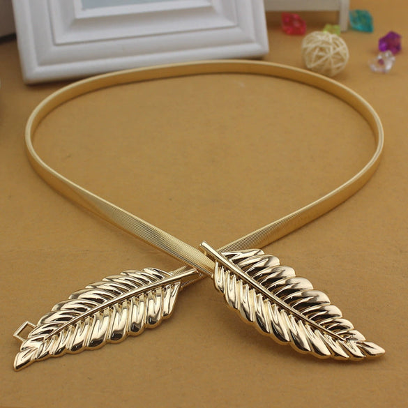 Women's All Match Metal Elastic Waist Belt With Alloy Leaf Buckle Electroplated Dress Accessory