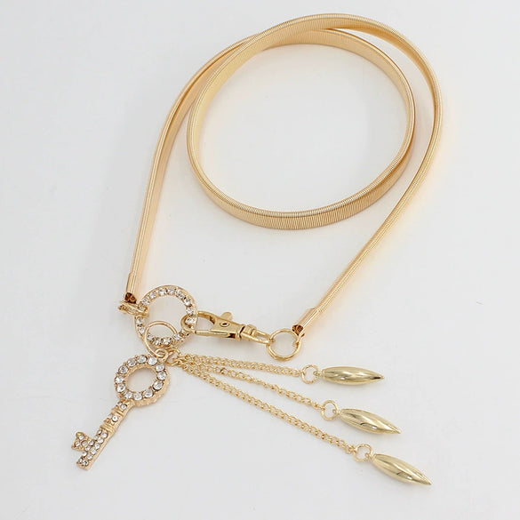 Women's All Match Metal Elastic Waist Belt With Alloy Leaf Buckle Electroplated Dress Accessory