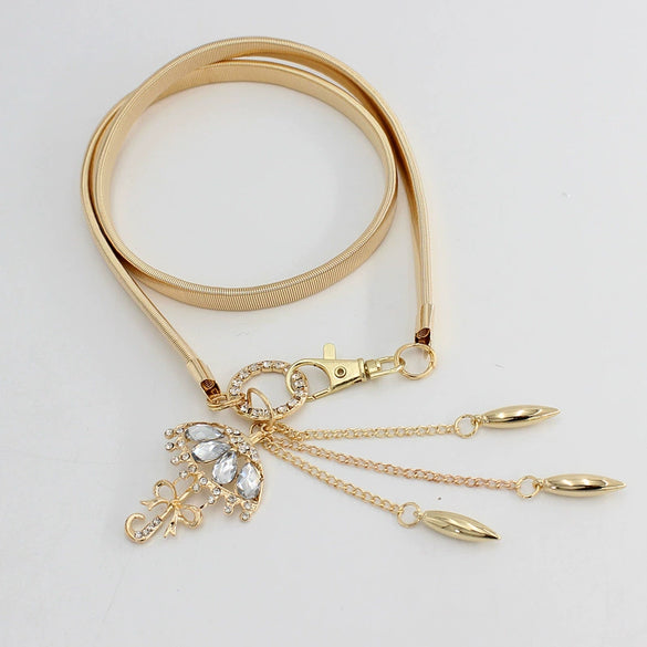Women's All Match Metal Elastic Waist Belt With Alloy Leaf Buckle Electroplated Dress Accessory