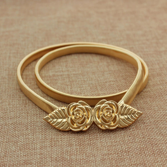 Women's All Match Metal Elastic Waist Belt With Alloy Leaf Buckle Electroplated Dress Accessory