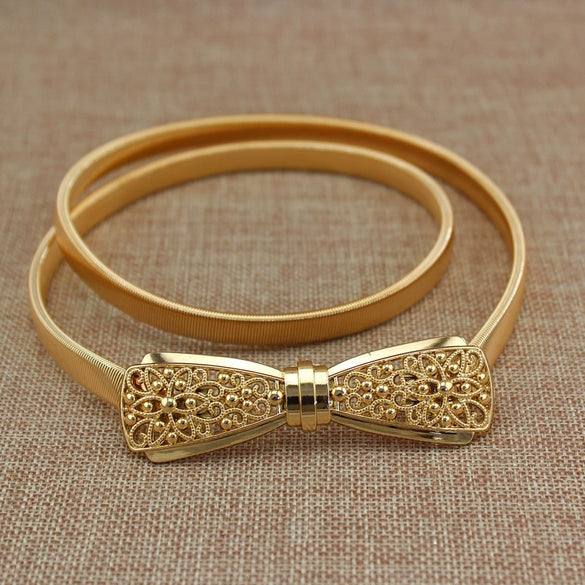 Women's All Match Metal Elastic Waist Belt With Alloy Leaf Buckle Electroplated Dress Accessory