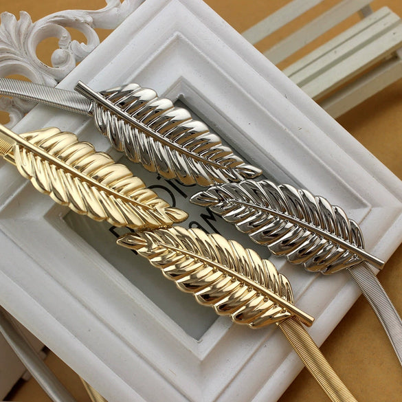 Women's All Match Metal Elastic Waist Belt With Alloy Leaf Buckle Electroplated Dress Accessory