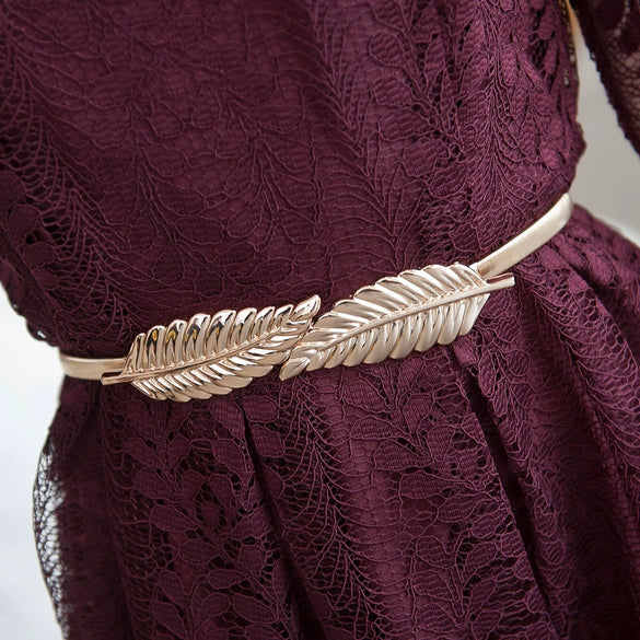 Women's All Match Metal Elastic Waist Belt With Alloy Leaf Buckle Electroplated Dress Accessory
