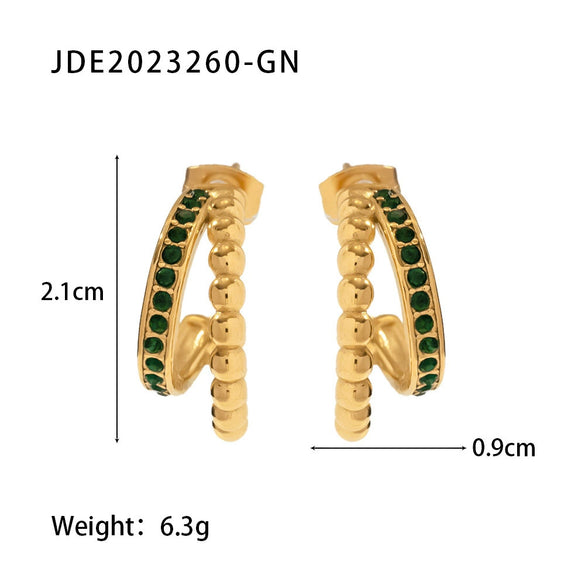 Women's All Match Titanium Steel Geometric C Shaped Earrings 18K Gold Plated With Greenwhite Diamond