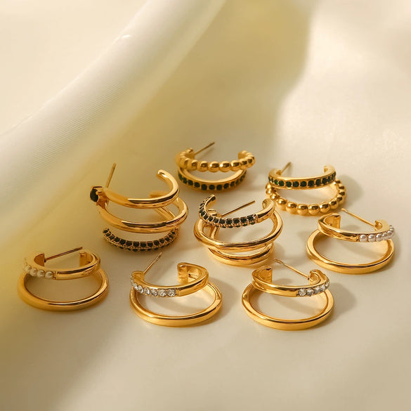Women's All Match Titanium Steel Geometric C Shaped Earrings 18K Gold Plated With Greenwhite Diamond