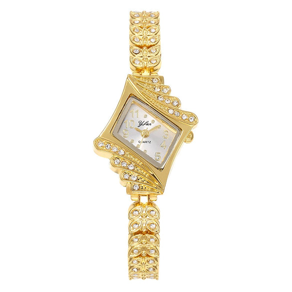 Women's Alloy And Imitation Leather Bracelet Fashion Quartz Watch With Round Dial And Rhinestones