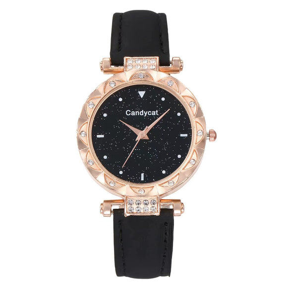 Women's Alloy And Imitation Leather Casual Round Dial Starry Sky Watch With Titanium Buckle And Spiral Crown