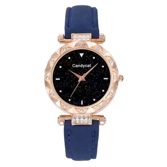 Women's Alloy And Imitation Leather Casual Round Dial Starry Sky Watch With Titanium Buckle And Spiral Crown