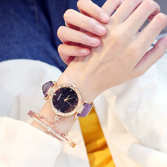Women's Alloy And Imitation Leather Casual Round Dial Starry Sky Watch With Titanium Buckle And Spiral Crown