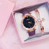 Women's Alloy And Imitation Leather Casual Round Dial Starry Sky Watch With Titanium Buckle And Spiral Crown