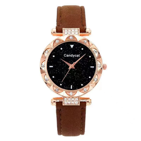 Women's Alloy And Imitation Leather Casual Round Dial Starry Sky Watch With Titanium Buckle And Spiral Crown
