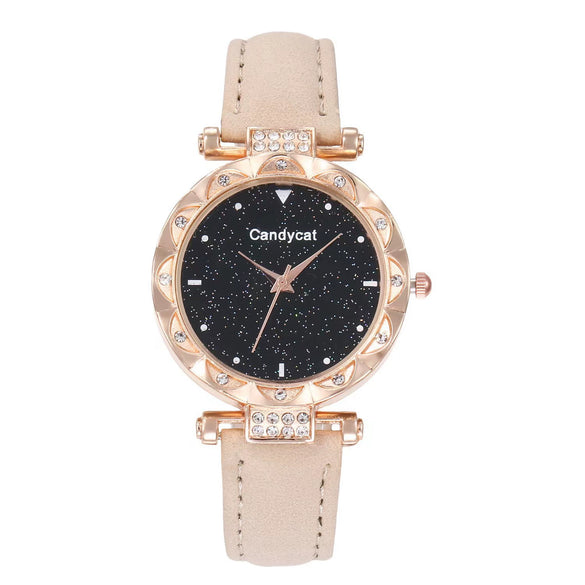 Women's Alloy And Imitation Leather Casual Round Dial Starry Sky Watch With Titanium Buckle And Spiral Crown