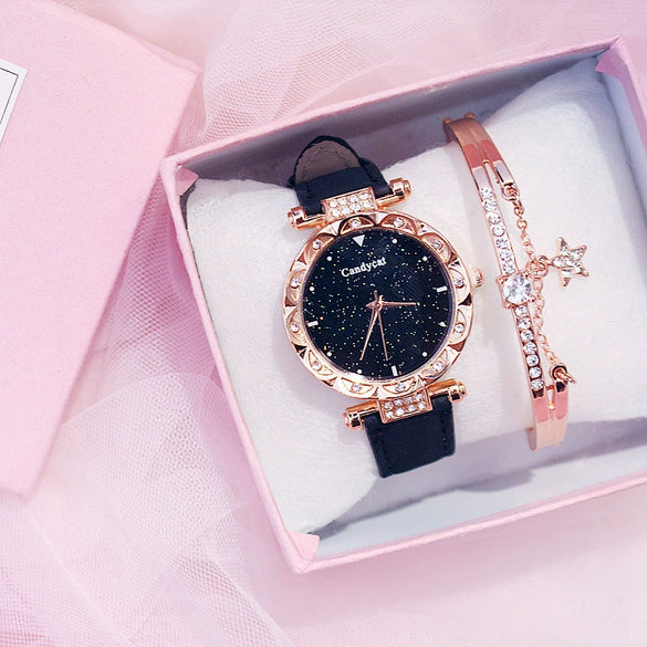 Women's Alloy And Imitation Leather Casual Round Dial Starry Sky Watch With Titanium Buckle And Spiral Crown