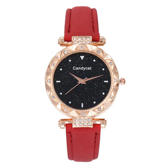 Women's Alloy And Imitation Leather Casual Round Dial Starry Sky Watch With Titanium Buckle And Spiral Crown