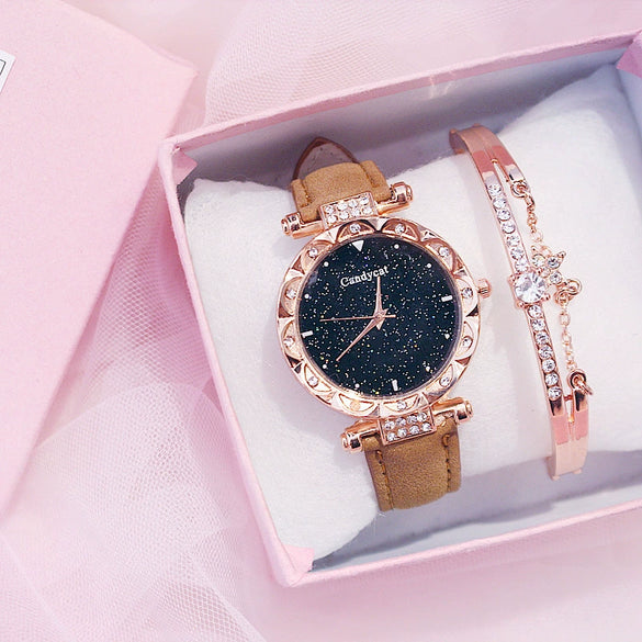 Women's Alloy And Imitation Leather Casual Round Dial Starry Sky Watch With Titanium Buckle And Spiral Crown