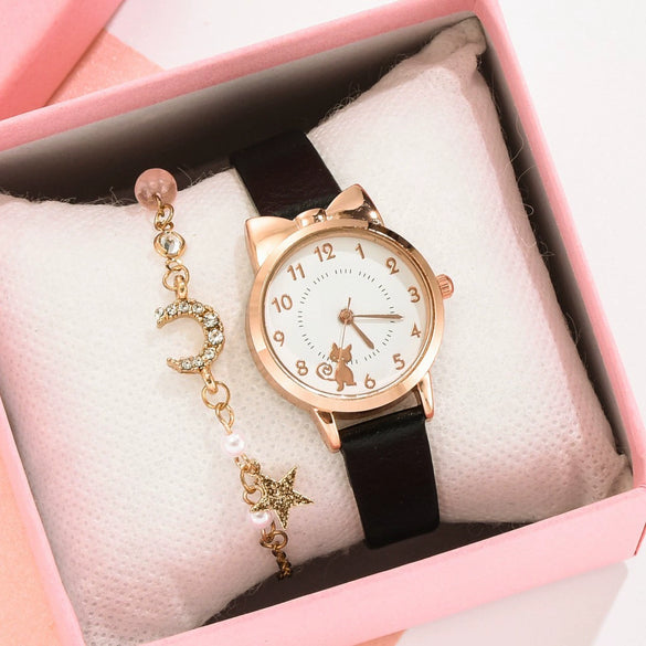 Women's Alloy And Imitation Leather Fresh Cute Cat Quartz Watch With Round Dial And Titanium Buckle