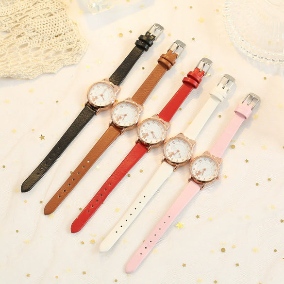 Women's Alloy And Imitation Leather Fresh Cute Cat Quartz Watch With Round Dial And Titanium Buckle