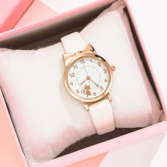 Women's Alloy And Imitation Leather Fresh Cute Cat Quartz Watch With Round Dial And Titanium Buckle
