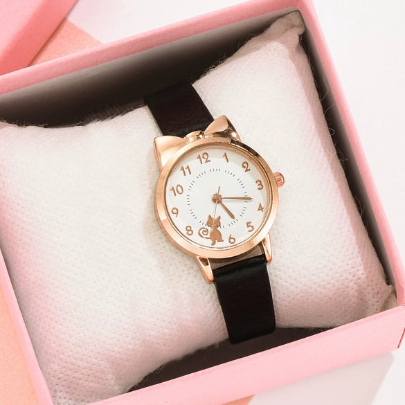 Women's Alloy And Imitation Leather Fresh Cute Cat Quartz Watch With Round Dial And Titanium Buckle