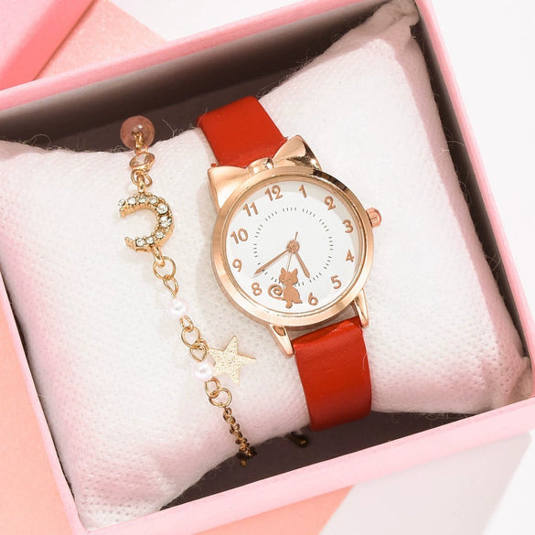 Women's Alloy And Imitation Leather Fresh Cute Cat Quartz Watch With Round Dial And Titanium Buckle