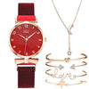 Women's Alloy And Leather Bracelet Set With Round Dial Quartz Watch Leisure Style