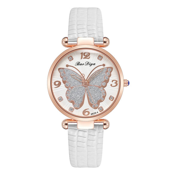 Women's Alloy And Pu Belt Watch With Glitter Face Butterfly Pattern And Round Dial