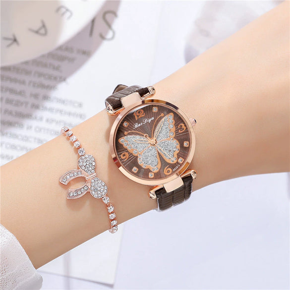 Women's Alloy And Pu Belt Watch With Glitter Face Butterfly Pattern And Round Dial