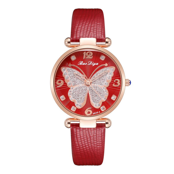 Women's Alloy And Pu Belt Watch With Glitter Face Butterfly Pattern And Round Dial