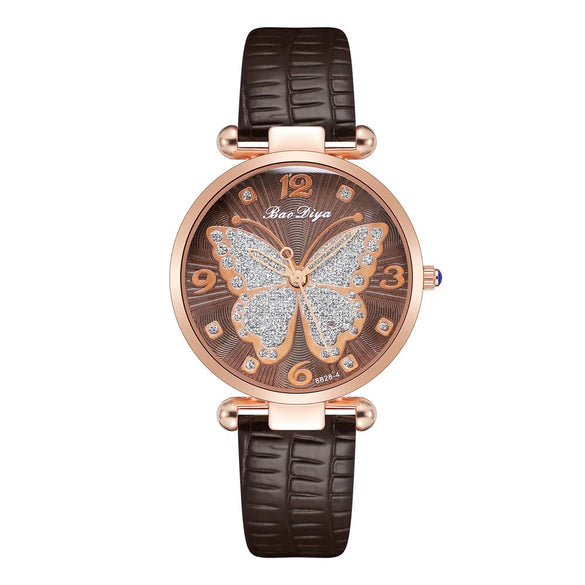 Women's Alloy And Pu Belt Watch With Glitter Face Butterfly Pattern And Round Dial